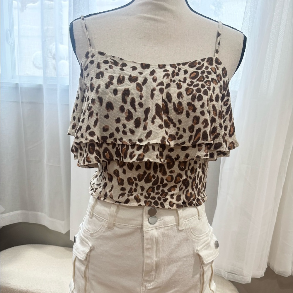 Express Leopard Print Ruffle Blouse